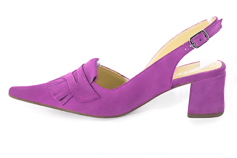 French elegance and refinement for these mauve purple dress slingback shoes, 
                available in many subtle leather and colour combinations. Fans of originality will appreciate the fringes and the "Offbeat Rock" side.
To be personalized or not, with your materials and colors.  
                Matching clutches for parties, ceremonies and weddings.   
                You can customize these shoes to perfectly match your tastes or needs, and have a unique model.  
                Choice of leathers, colours, knots and heels. 
                Wide range of materials and shades carefully chosen.  
                Rich collection of flat, low, mid and high heels.  
                Small and large shoe sizes - Florence KOOIJMAN